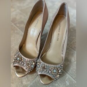 ANTONIO MELANI Rose-Gold Jeweled Peep-Toe Pumps
